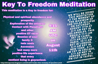 Letzte Erinnerung an die Schlüssel-zur-Freiheit-Meditation während der Sonnenfinsternis am Samstag, 11. August 2018 um 11.11 Uhr MESZ